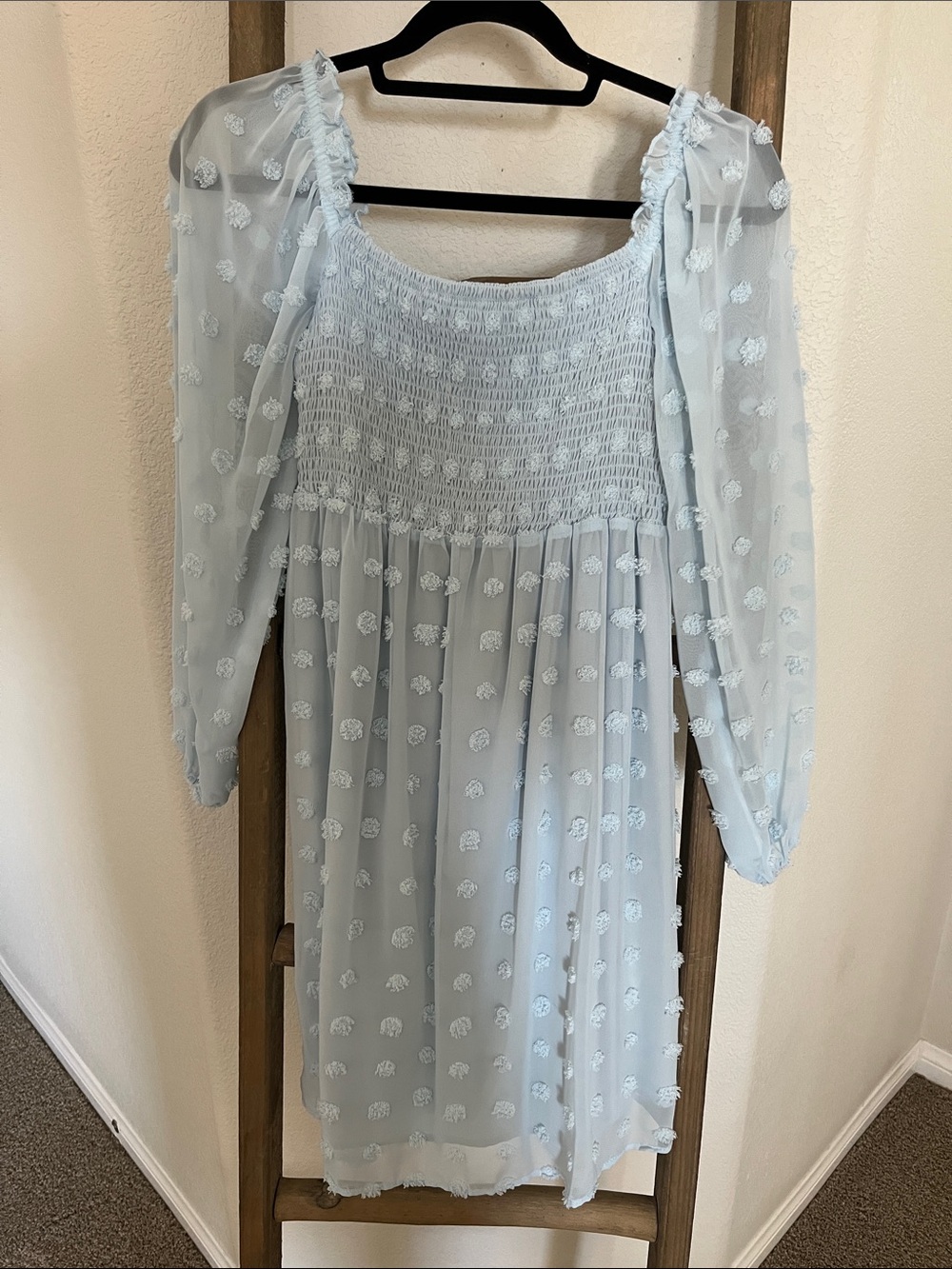 Light Blue Smocked Midi Dress with Puff Sleeves